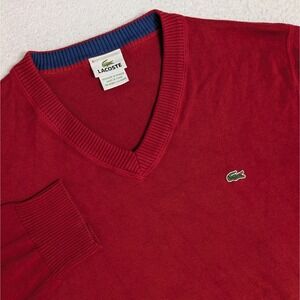 EUC Lacoste Sweater V Neck Red Solid 100% Cotton US EU 6, men's XL